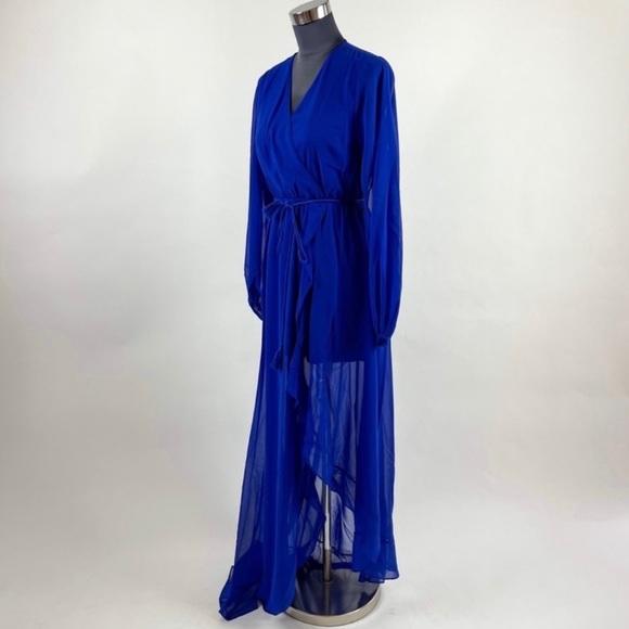 Royal Blue Chiffon Maxi Wrap Asymmetrical Dress - Picture 2 of 11